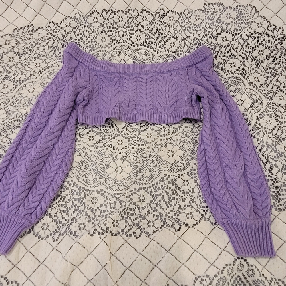 Purple Cable Knit Off-Shoulder Sweater